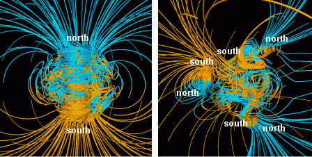 Modèles du champ magnétique terrestre "normal" (gauche) et pendant une inversion (droite)