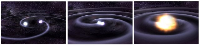 Etoiles dont les orbites sont liées et entrant finalement en coalescence (vue d'artiste)