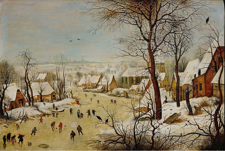 Tableau de Pieter Brueghel le Jeune, Paysage d’hiver avec patineurs et trappe aux oiseaux. Kunsthistorisches Museum Wien. Source: Pieter Bruegel the Elder [Public domain], via Wikipedia