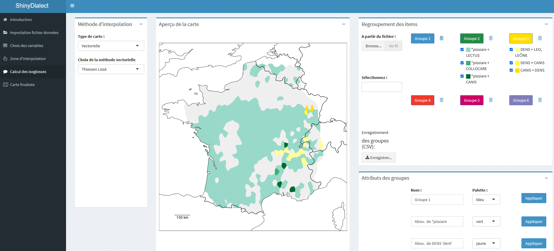 Calcul des isoglosses, c’est-à-dire les zones géographiques ayant  des dialectes différents © ShinyDialect