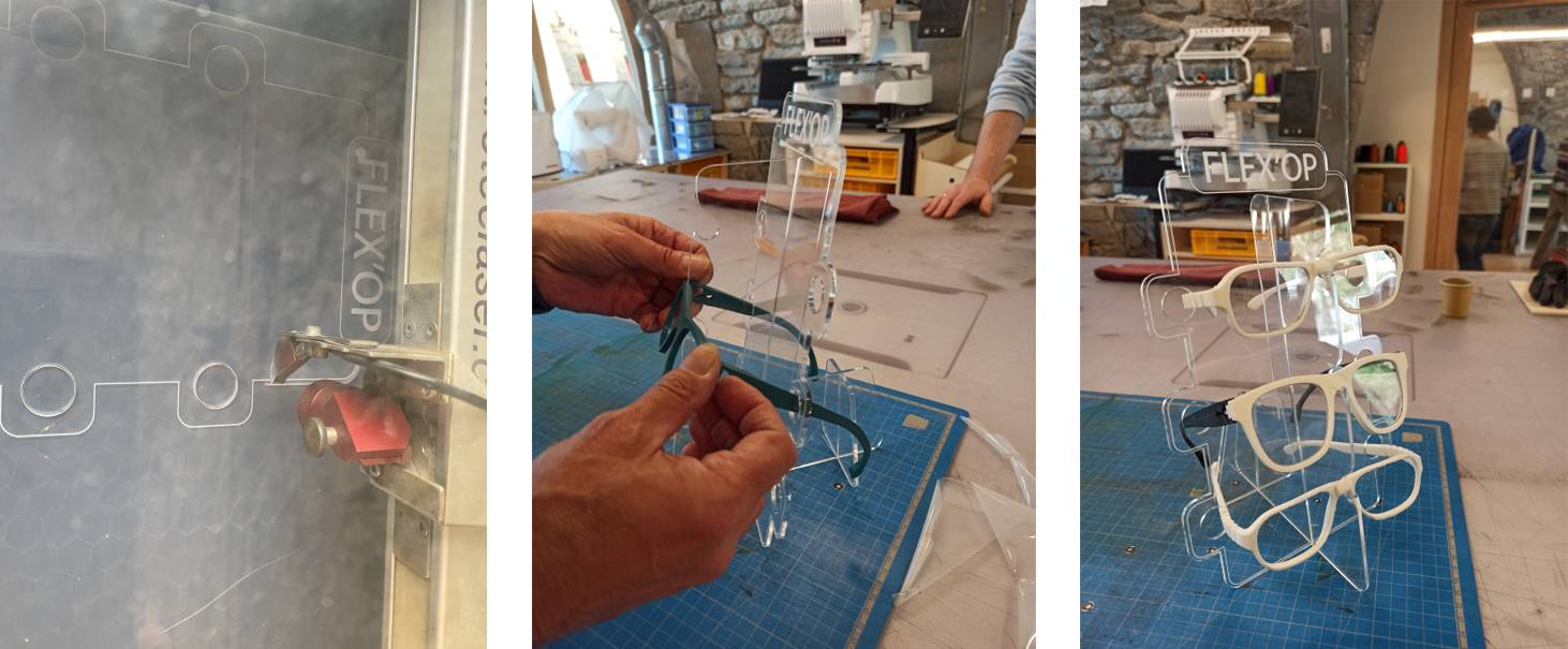 Le présentoir en plexiglas dans la découpeuse laser et finalisé avec nos montures de lunettes en impression 3D