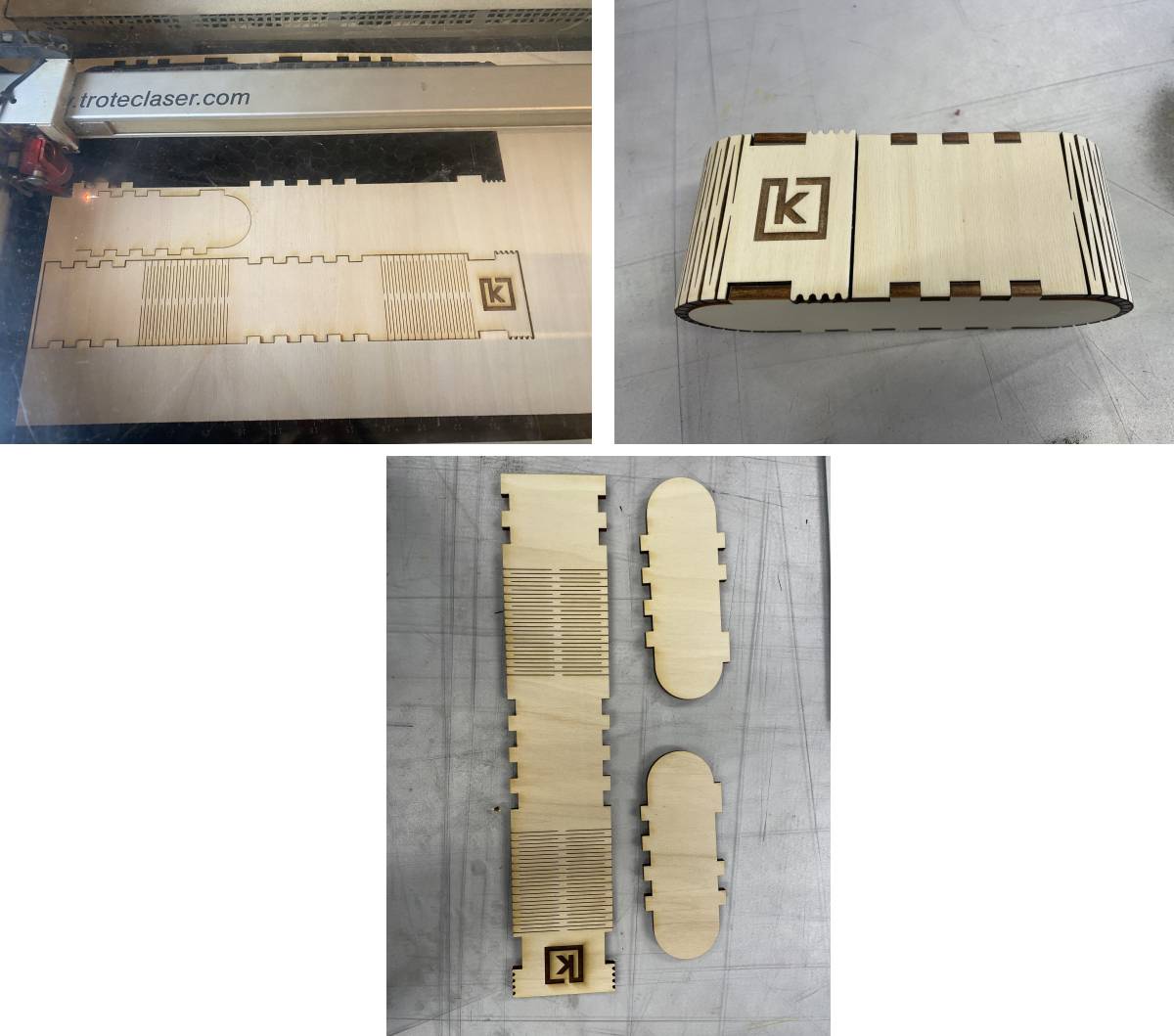 Nouvelles découpes laser, gravure logo K sur du contreplaqué en 5 mm cette fois pour former une belle boîte cossue et robuste