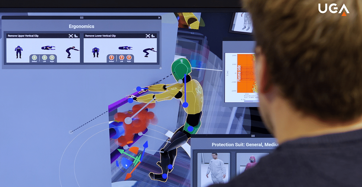 Le scientifique reproduit sur l'ordinateur la position d'un ouvrier de maintenance et vérifie la dose d'irradiation estimée.